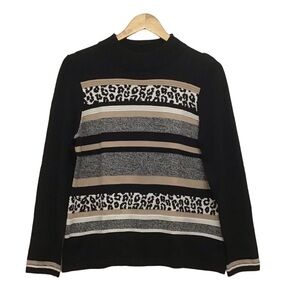 𝅺alia petite knit sweater cotton blend black ecru beige animal pattern medium